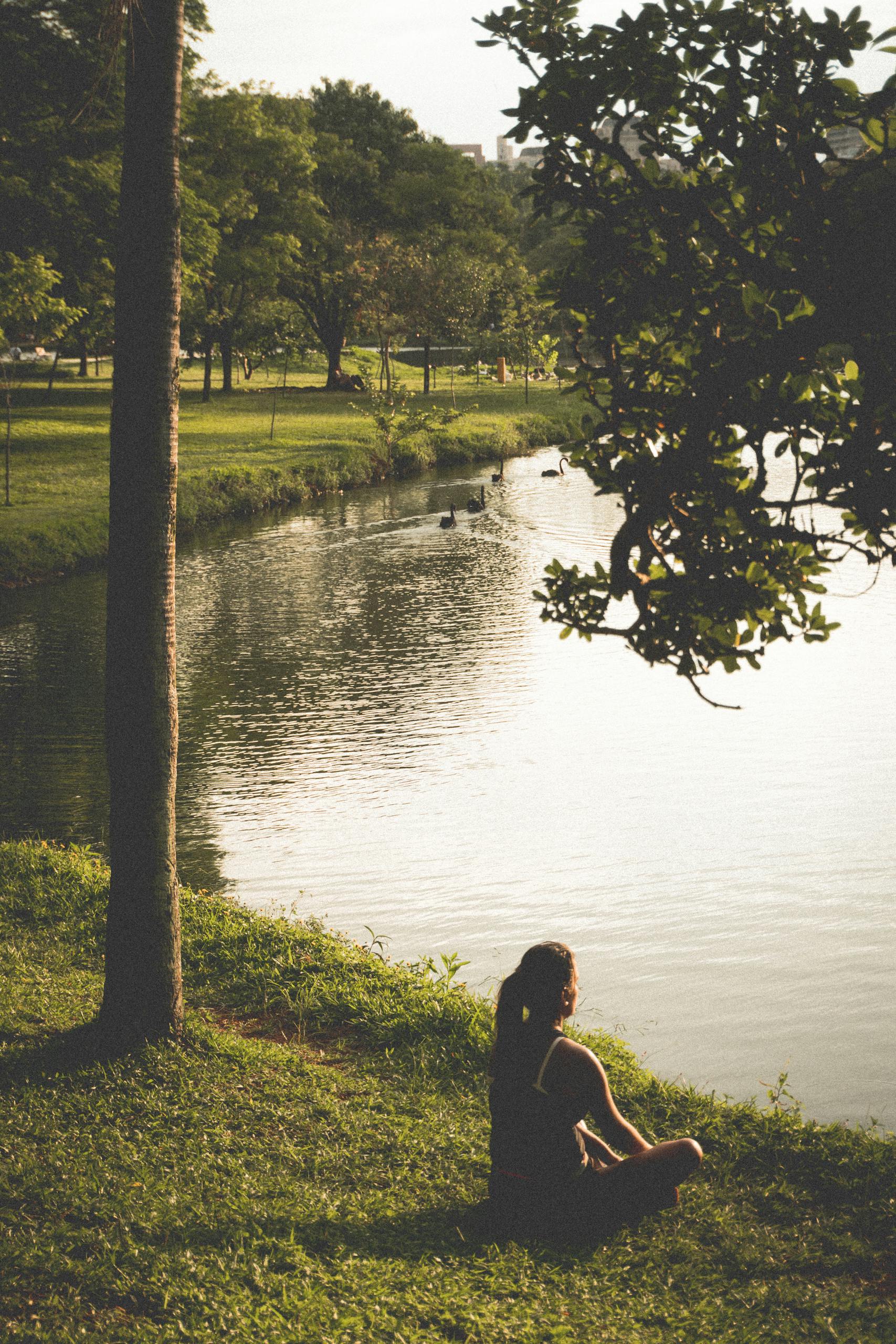 A woman meditates by a serene lake surrounded by lush greenery in a park.